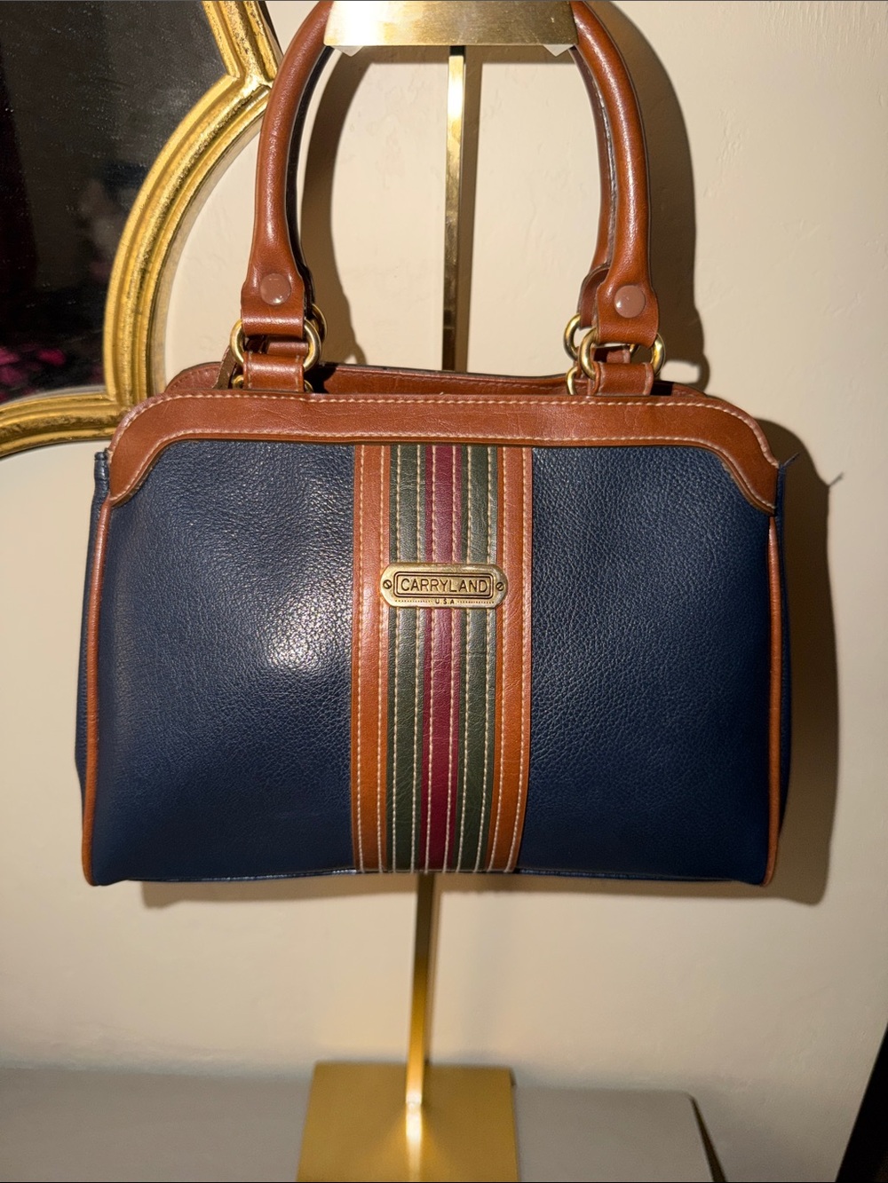 Carryland USA dark blue and tan faux leather handbag